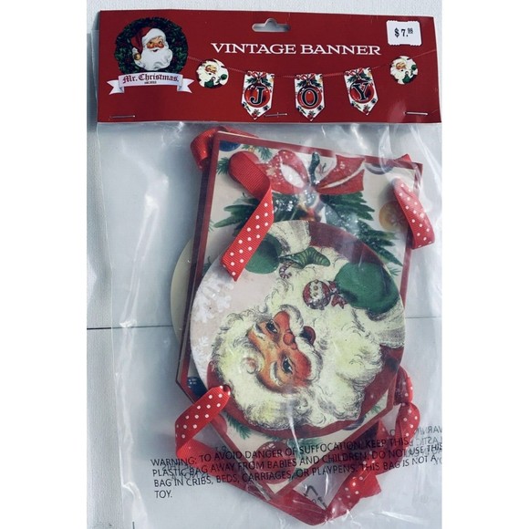 Mr. Christmas Banner JOY Red Green Santa Retro 1950s Look Polka Dot Ribbon 53" - Picture 7 of 9